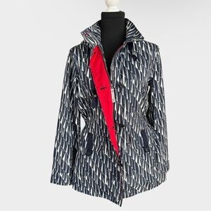 Lands' End Navy & White Patterned Rain Jacket with Red Lining